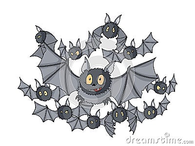 Cartoon illustration Halloween crowd of different bats vector colored doodle Vector Illustration