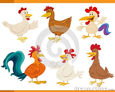 cartoon happy chickens farm animal characters set Vector Illustration