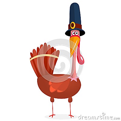 Cartoon illustration of a happy cute turkey wearing a pilgrim hat. Vector Illustration