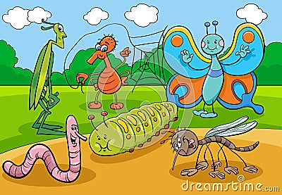 Happy insects and bugs cartoon characters group Vector Illustration