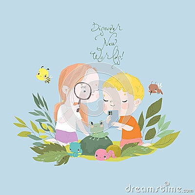 Cartoon Illustration of Happy Kids exploring Nature Vector Illustration