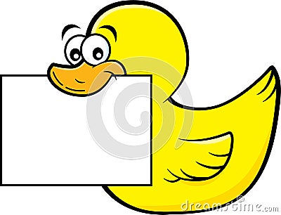 Cartoon happy rubber duck holding a sign in his beak. Vector Illustration