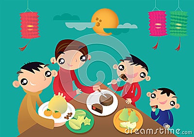 A Hong Kong family enjoys their family time and shares the festive foods in Chinese Lantern festival Vector Illustration