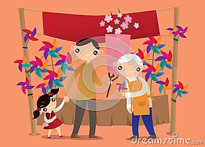 People visit spring festival bazaar temporary flea market on New Year`s eve Vector Illustration