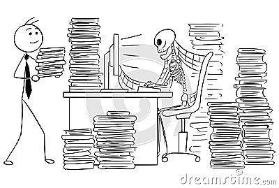 Cartoon Illustration of Human Skeleton of Dead Businessman Sitting in Front of Computer in Office Vector Illustration