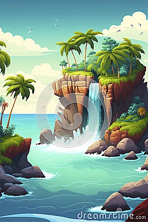 cartoon illustration, island with waterfall in the rocky ocean with beach and palm, generative ai Cartoon Illustration