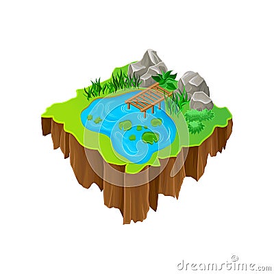 Cartoon vector design of isometric island. Lake with wooden pier, stones, green plants and grass. Element for mobile Vector Illustration