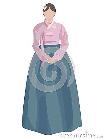 Cartoon illustration of a Korean woman in hanbok with natural motifs. Traditional Korean costume on a girl. Poster Vector Illustration