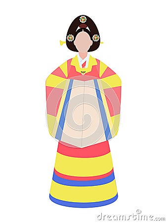 Cartoon illustration of a Korean woman in hanbok with natural motifs. Traditional Korean costume on a girl. Poster Vector Illustration