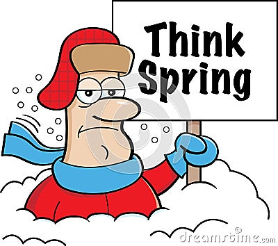 Cartoon man buried in snow holding a Think Spring sign. Vector Illustration