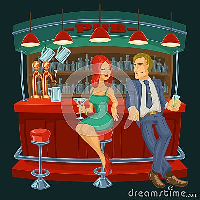 Cartoon illustration of man meets a woman in bar Cartoon Illustration