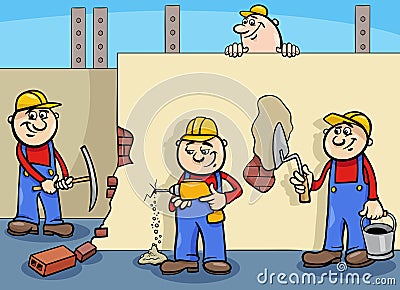 Cartoon manual workers or builders characters at work Vector Illustration