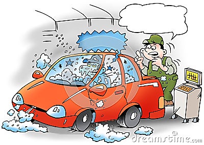 Cartoon illustration of a mechanic that tests the air conditioner in the car Cartoon Illustration