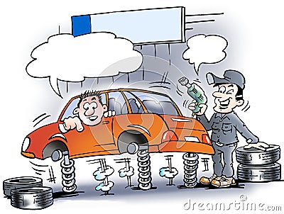 Cartoon illustration of a mechanic who testing the shock absorbers Cartoon Illustration