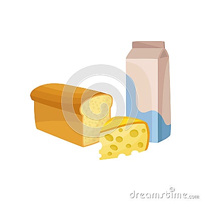 Milk package, fresh cheese and bread. Dairy and bakery products. Food theme. Flat vector elements for promo poster or Vector Illustration