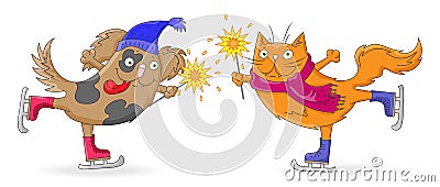 Cartoon Illustration for new year and Christmas cartoon funny cat and dog skate with sparklers in hand , isolated on white backgro Vector Illustration