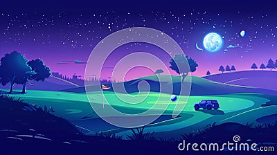 A cartoon illustration of a night golf course field landscape. Flag, ball, and car in green grass yard of sports club Cartoon Illustration