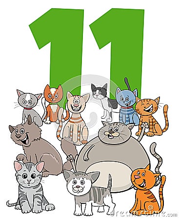 Number eleven and cartoon cats and kittens group Vector Illustration