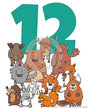 Number twelve and cartoon wild Animals group Vector Illustration