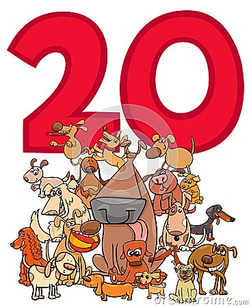 Number twenty and cartoon dogs group Vector Illustration