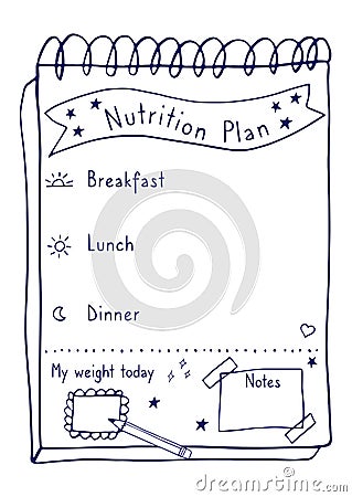 Cartoon illustration of nutrition plan. Hand drawn diet plan in doodle style for breakfast, lunch and dinner. Healthy meal concept Vector Illustration