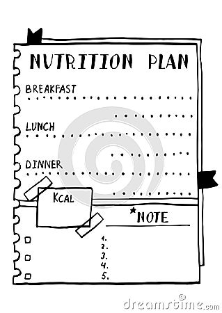 Cartoon illustration of nutrition plan. Hand drawn diet plan in doodle style for breakfast, lunch and dinner. Healthy meal concept Vector Illustration