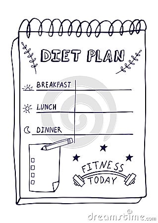 Cartoon illustration of nutrition plan. Hand drawn diet plan in doodle style for breakfast, lunch and dinner. Healthy meal concept Vector Illustration