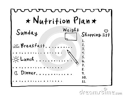 Cartoon illustration of nutrition plan, shopping list. Hand drawn diet plan for breakfast, lunch and dinner. Healthy meal concept Vector Illustration