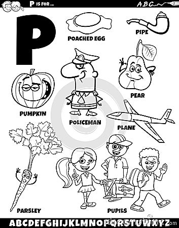 Letter P set with cartoon objects and characters coloring page Vector Illustration