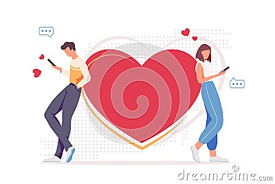 Cartoon illustration with online relationships. Technology, dating app and social media addiction. Internet love Vector Illustration