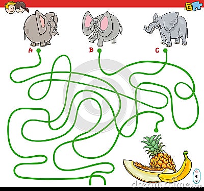 Paths maze game with elephants and fruits Vector Illustration