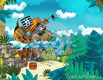 Cartoon illustration - pirates on the wild island - illustration for the children Cartoon Illustration