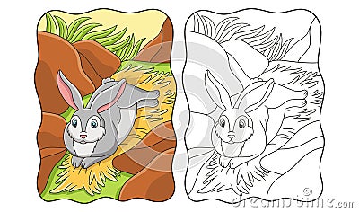 cartoon illustration the rabbit is lying on the hay under the cliff to enjoy the sunshine in the middle of the forest Vector Illustration