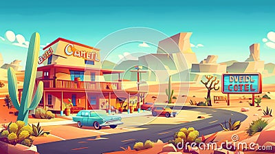 Cartoon illustration of retro motel with car park and cafe in desert. Modern illustration of a desert landscape with Cartoon Illustration