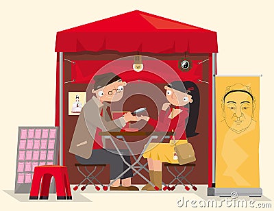 Cartoon illustration of a roadside Chinese fortune teller in Hong Kong Vector Illustration