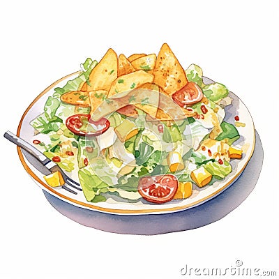 Watercolour Painting Of Nacho Salad With Chips And Vegetables Cartoon Illustration