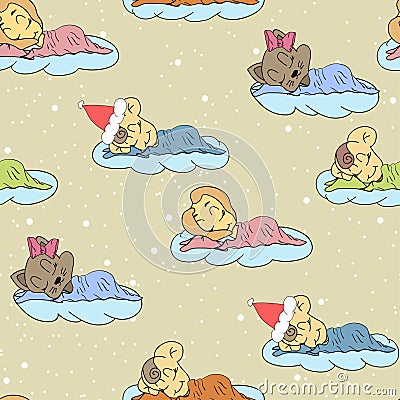 A cartoon illustration of seamless pattern hand drawing of a sleeping babies. Suitable for interior design baby room or bed linen. Cartoon Illustration