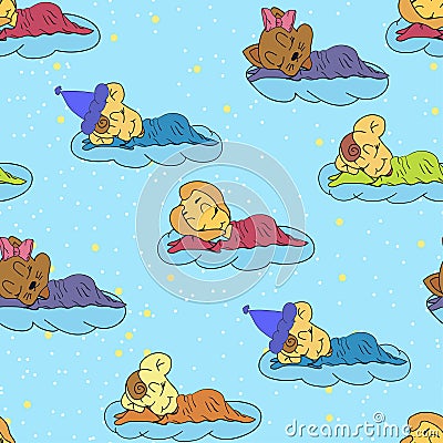 A cartoon illustration of seamless pattern hand drawing of a smiling sleeping babies. Suitable for interior design baby room or be Cartoon Illustration