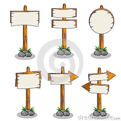 Cartoon illustration - set of wooden road direction sign. Stock Photo