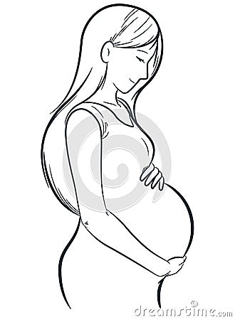 Sketch Expecting Woman Touching Pregnant Belly Vector Illustration