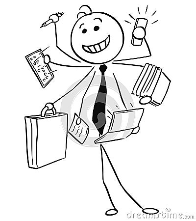 Cartoon Illustration of Smiling Businessman Working on Many Task Vector Illustration