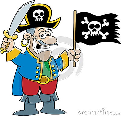 Cartoon smiling pirate holding a sword and a pirate flag. Vector Illustration