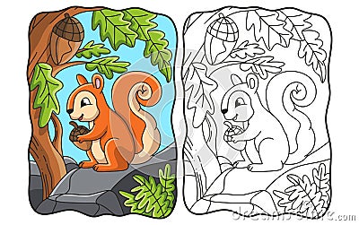 Cartoon illustration squirrel eating on a big rock book Cartoon Illustration