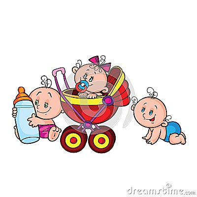 cartoon illustration, three babies, one is crawling, the second is with a large bottle of milk, the third is sitting in a stroller Vector Illustration