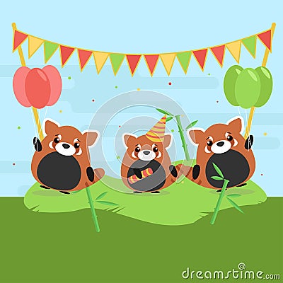 Cartoon illustration of three cute red pandas with balloons and falgs on green grass. Vector Illustration