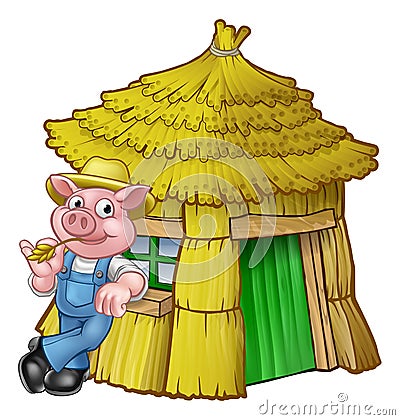 Three Little Pigs Fairy Tale Straw House Vector Illustration