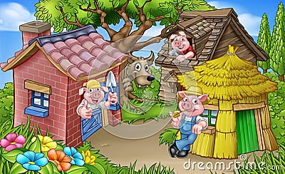 The Three Little Pigs Fairytale Scene Vector Illustration