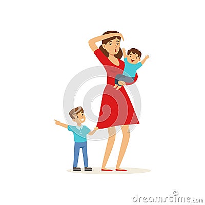 Cartoon illustration of tired mother and her sons Vector Illustration