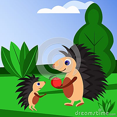 Cartoon illustration of two hedgehogs in a clearing with bushes and trees. An adult hedgehog gives the little hedgehog an apple Vector Illustration