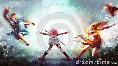 Cartoon illustration of a warrior girl blasting magic power attack to women witch and sorcerer in japanese manga fantasy concept. Cartoon Illustration